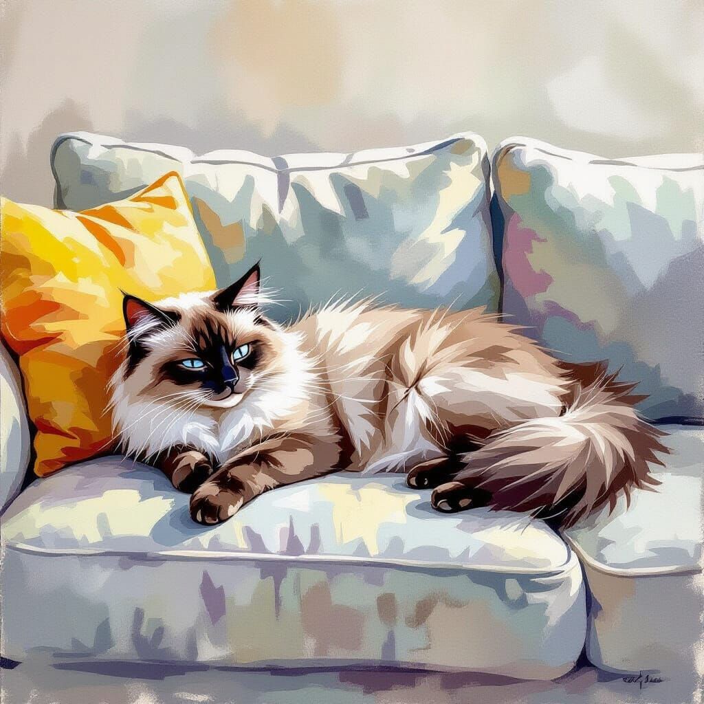 Siamese Cat Relaxing on Sofa in Watercolor Style