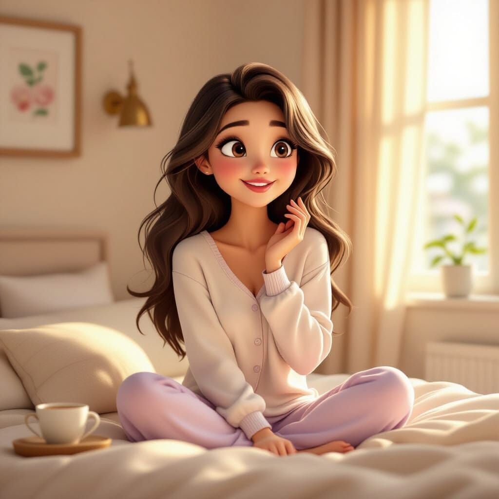 Cozy Morning Scene: Woman in Pastel Pajamas