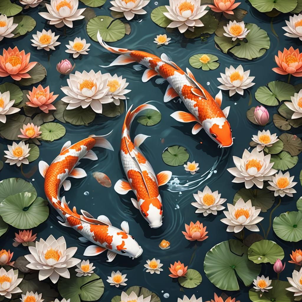 Koi and Lotus Flowers in Detailed Matte Painting