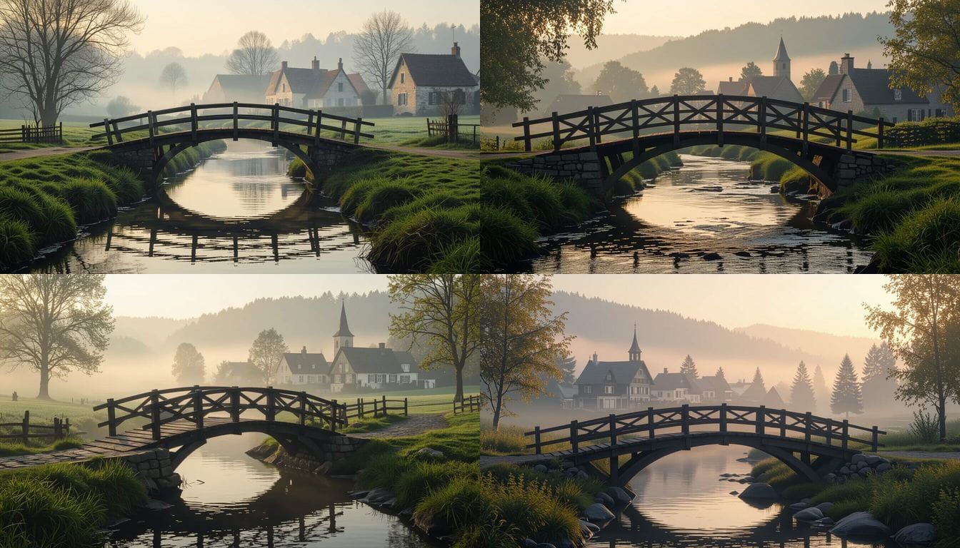 Rustic Wooden Bridge in Morning Haze, Cinematic Muted Tones
