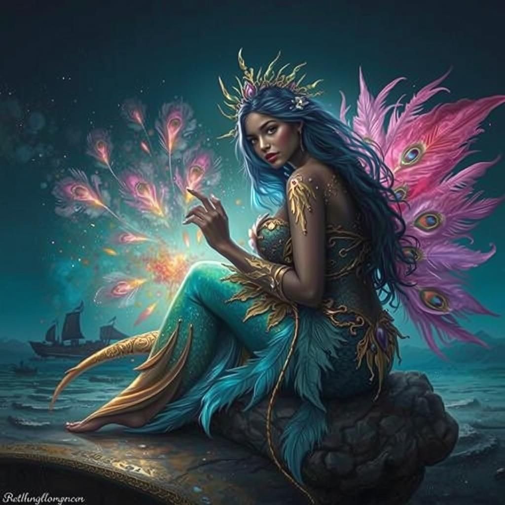 Mermaid with Pink Peacock Tail in Klimt-Rothko Style