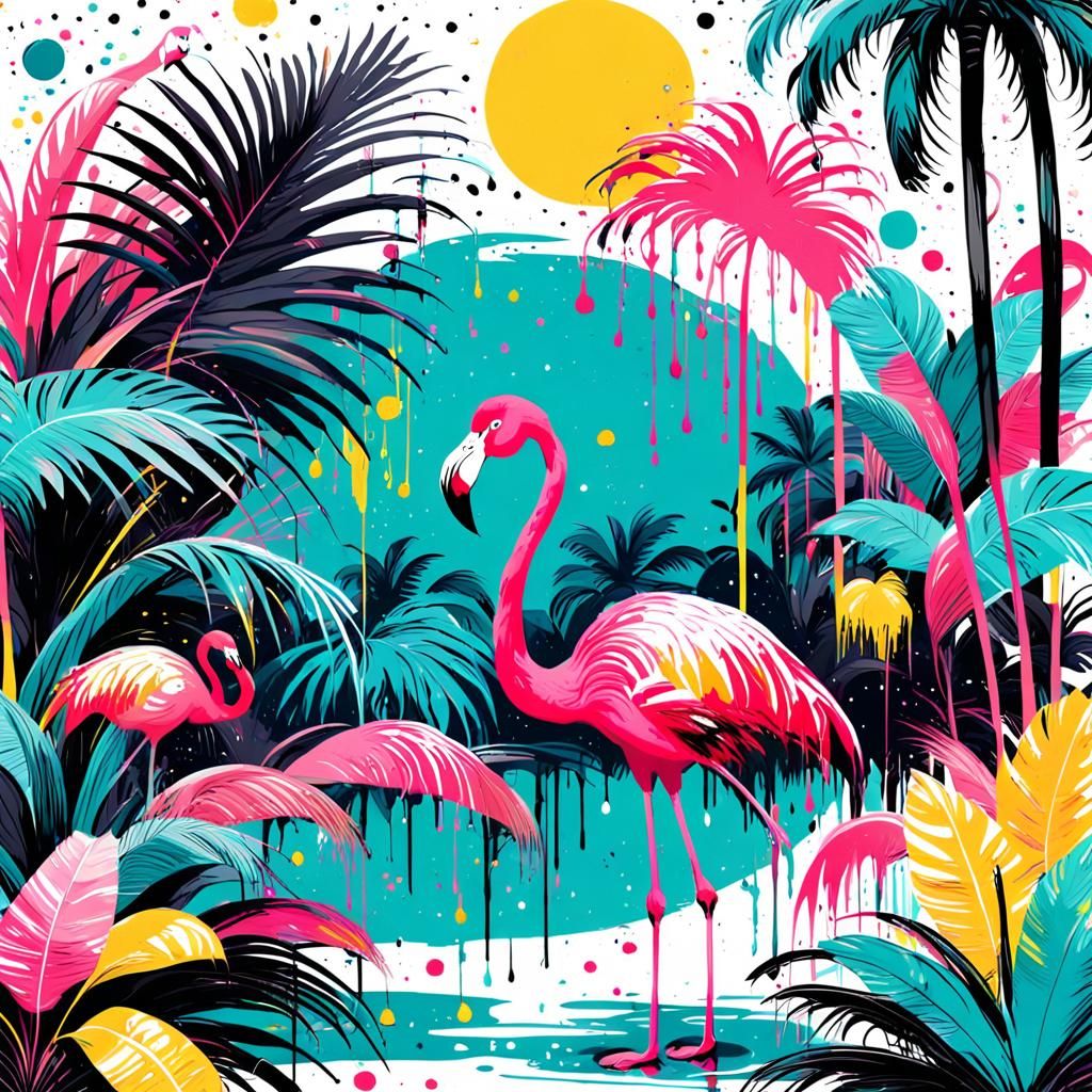 Stylized Palm Tree and Flamingo in Retro-Futuristic Design