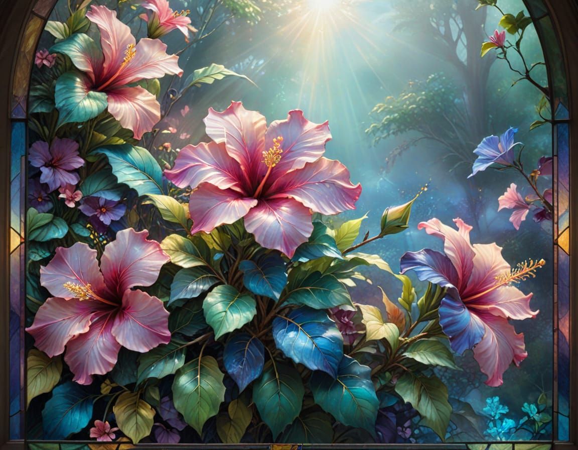 Hibiscus Stained Glass Window in Ethereal Fantasy Style