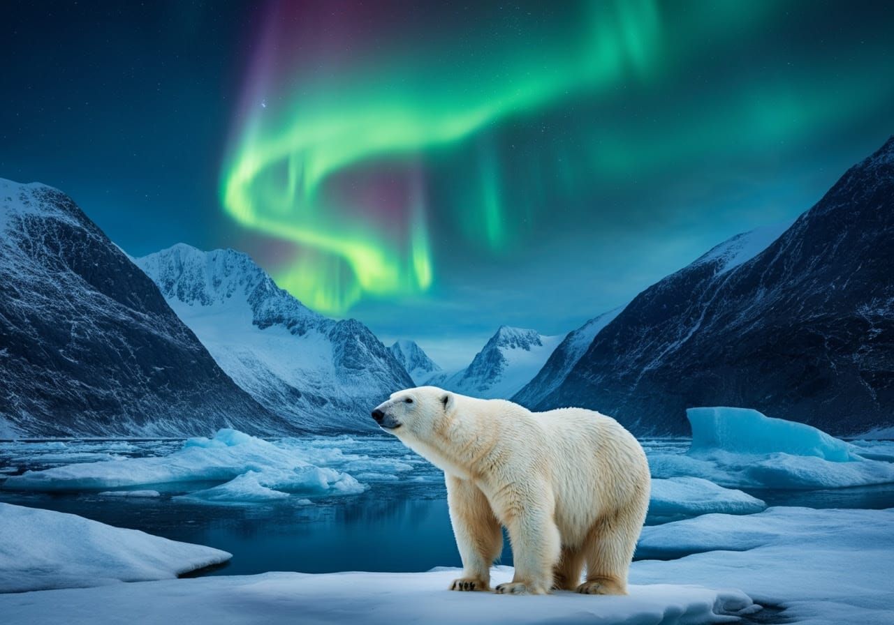 Serenely Standing Polar Bear Amidst Aurora Borealis