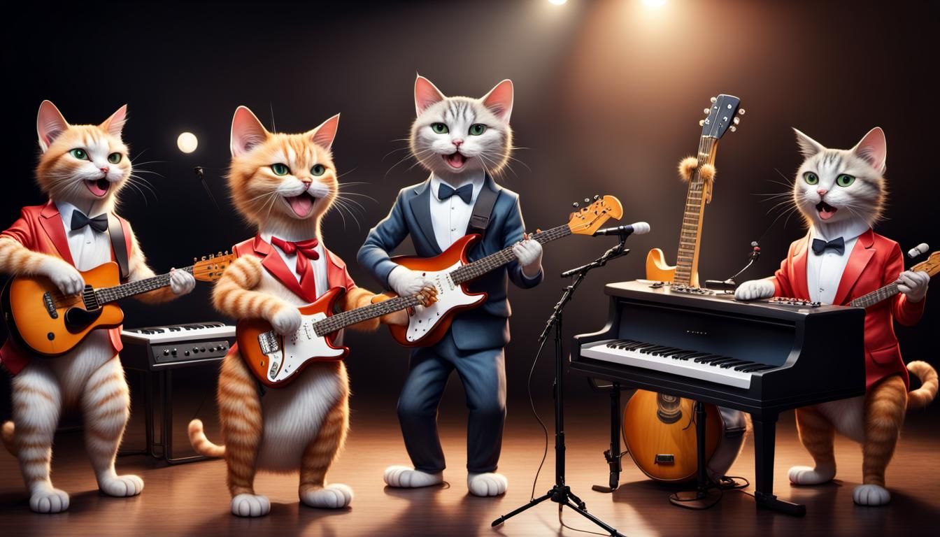 Cats Rocking Out on Stage in Concert