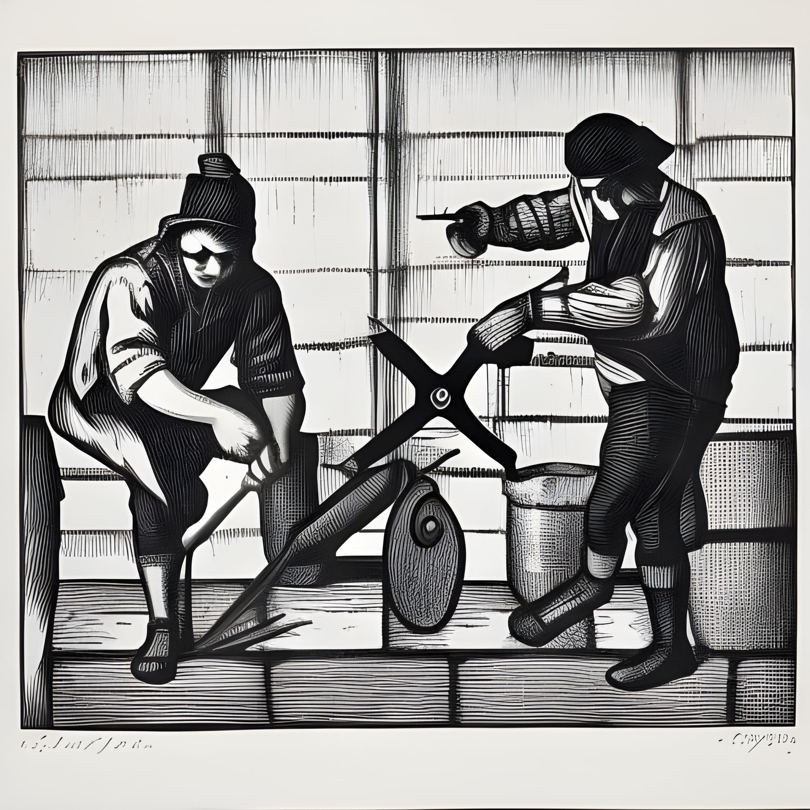 Checkered Workers Forging Scissors as Linocut Drawing