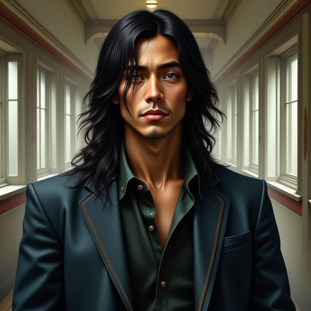 Handsome Man with Long Black Hair and Blue Eyes