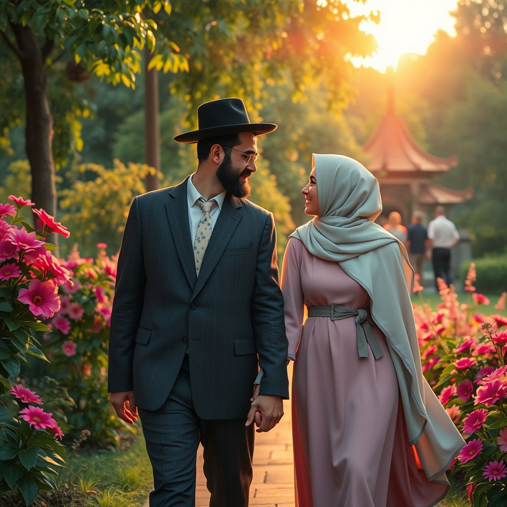 Jewish Couple Strolling in Sunlit Park, Fantasy Art