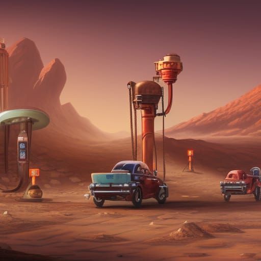 Retro Gas Station on Mars: Detailed Matte Painting