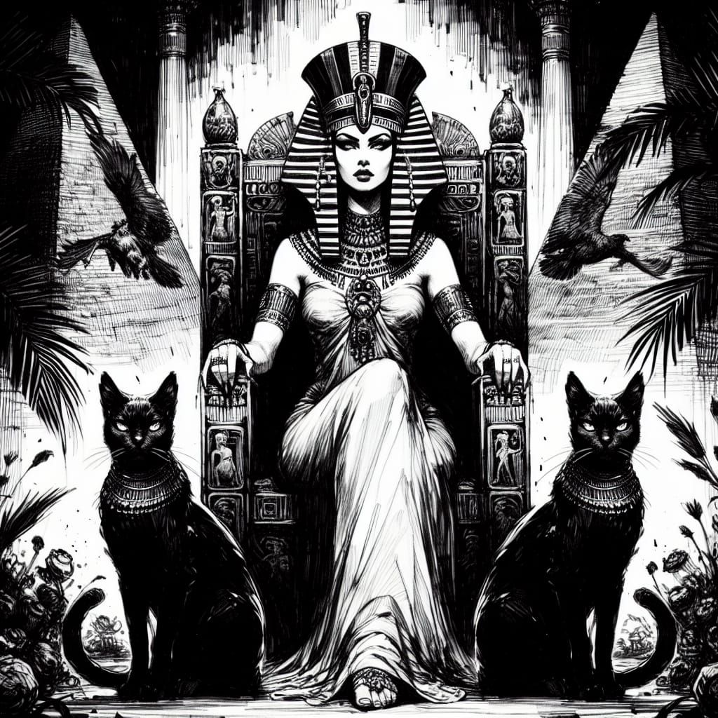 Regal Cleopatra on Throne in Dark Fantasy Inking Style