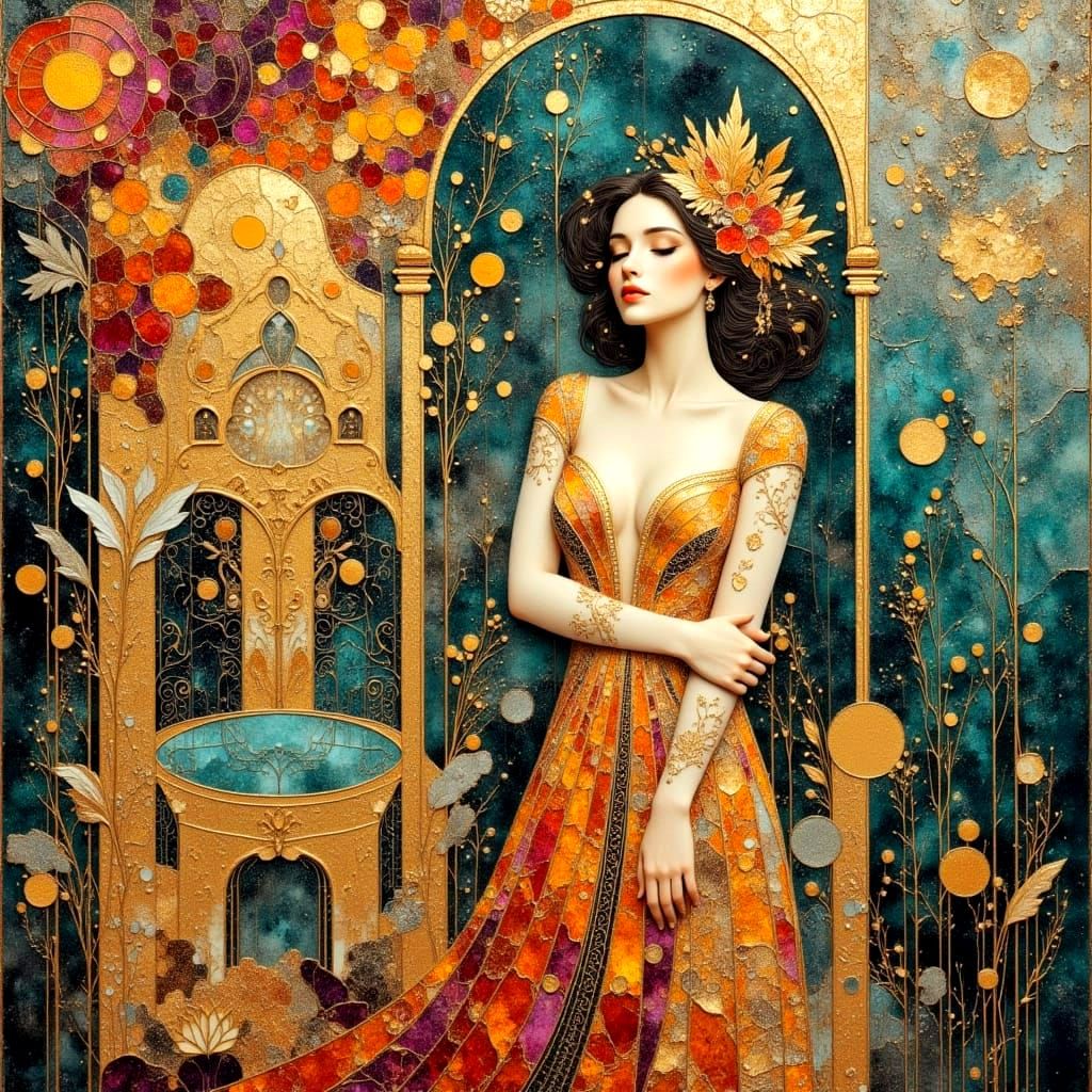 Woman with Art Deco Architecture in Klimt Style