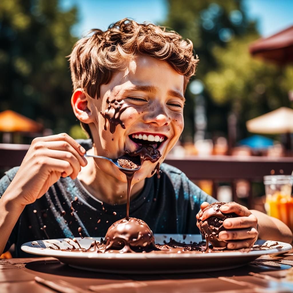 Boy's Chocolate Ice Cream Adventure in Photorealism