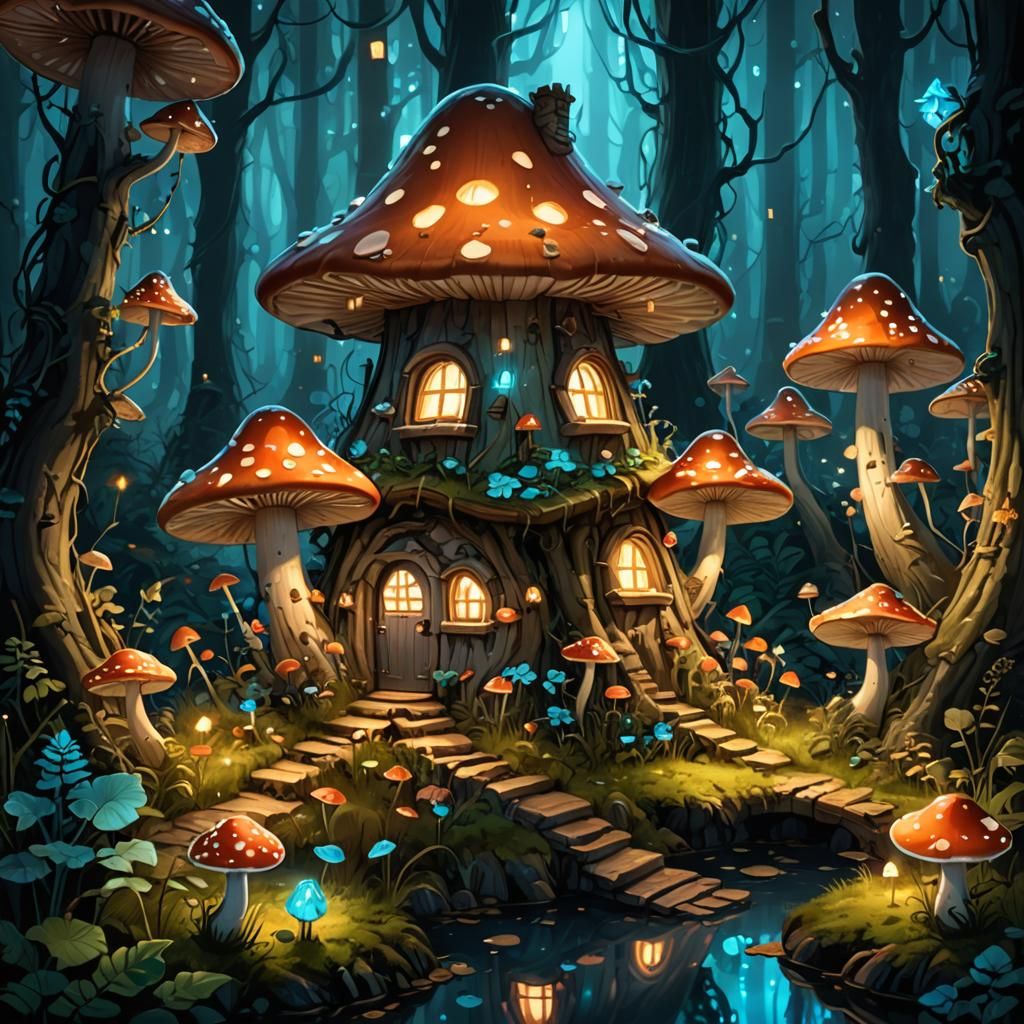Enchanted Bioluminescent Forest Fairy Mushroom House