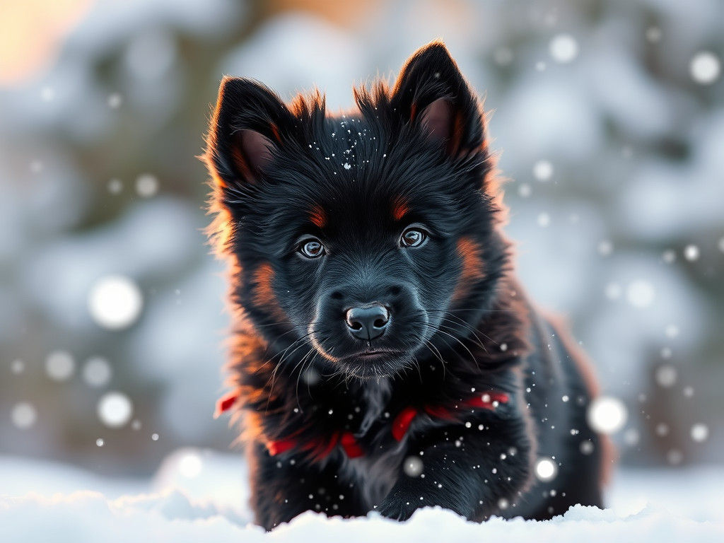 Black Puppy Playing in Snow, Fauvist Style