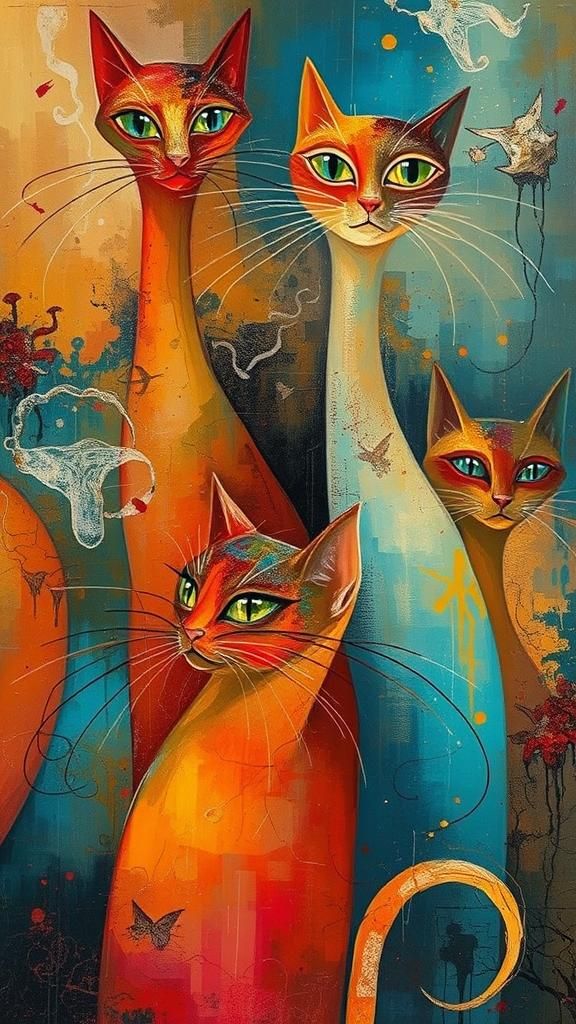 Ethereal, elongated felines with dreamy, half-lidded eyes, lost in a surreal, abstract realm, their slender bodies undul...