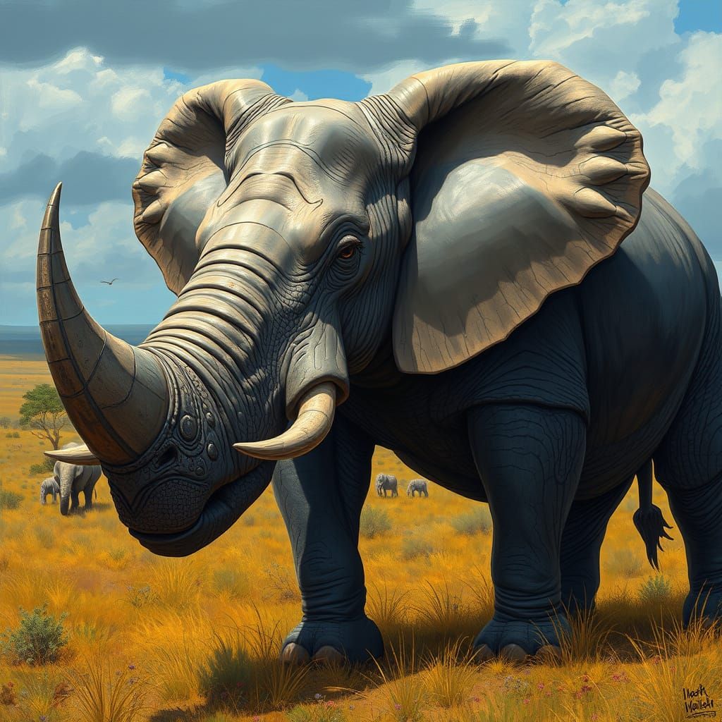 Elephant Rhino Hybrid in a Savannah Landscape