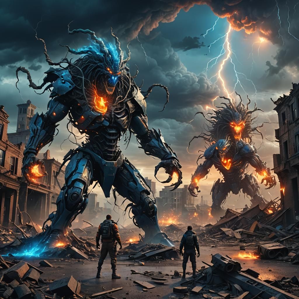 Lambent and Tornado Clash in Apocalyptic Cityscape