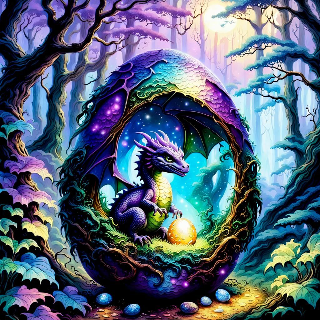 Magical Forest: Baby Dragon Hatching From Egg
