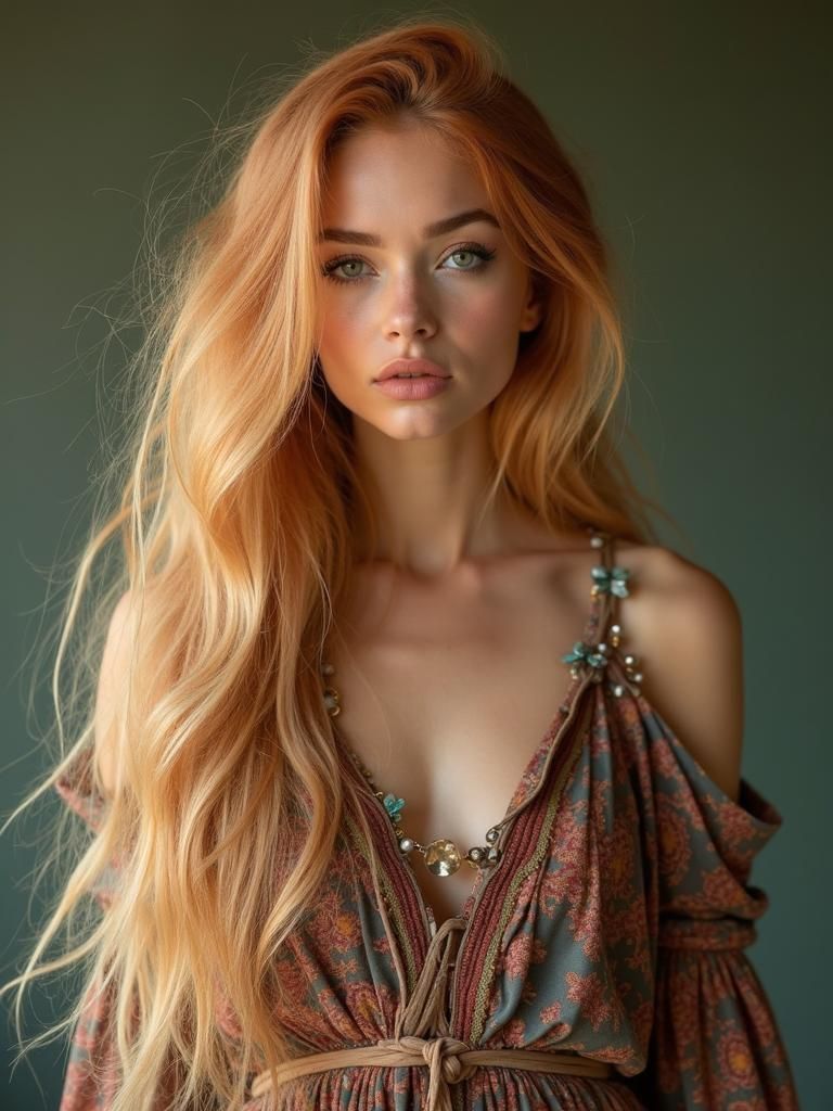 Bohemian Fashion Portrait of Woman with Strawberry Blonde Ha...