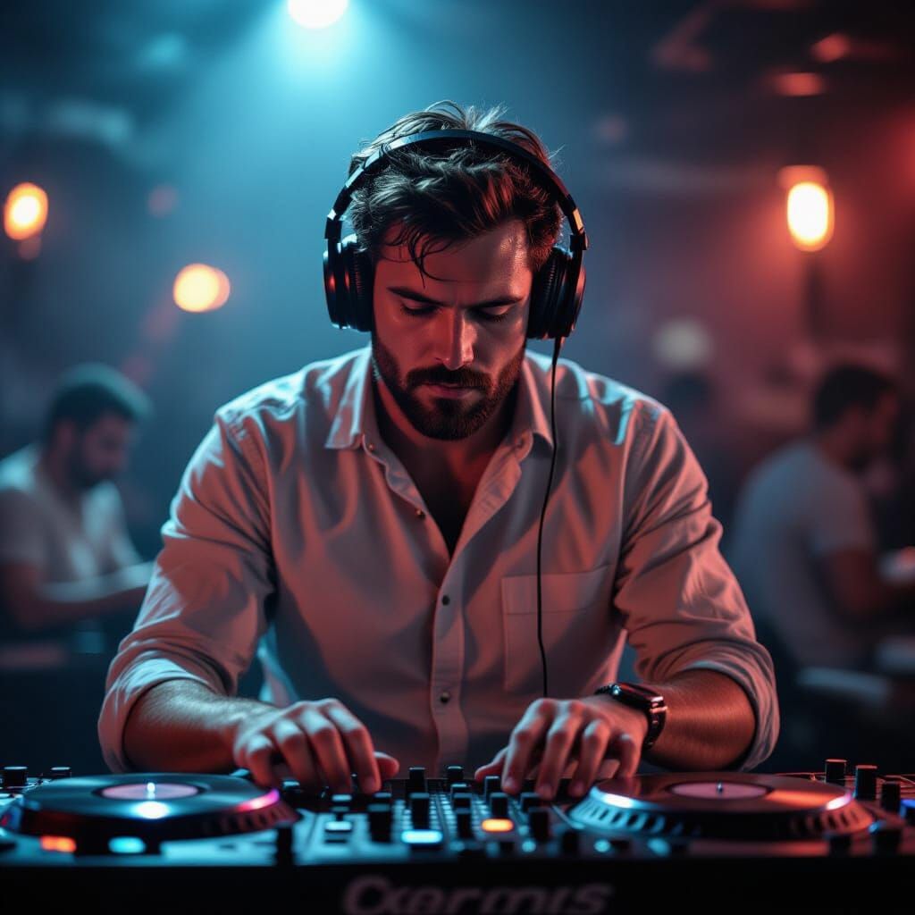 DJ Spinning Records in Dimly Lit Nightclub