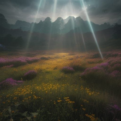 Bioluminescent Meadow with God Rays and Bokeh