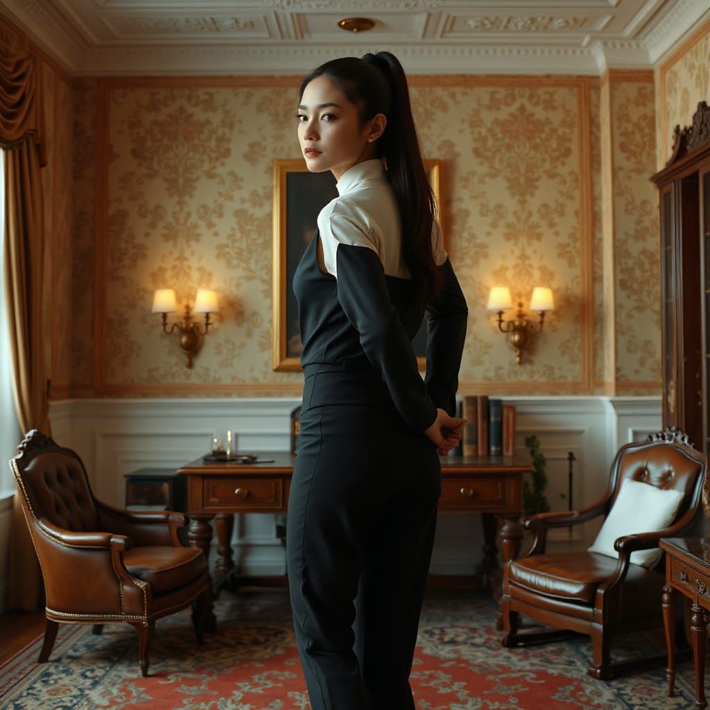 Confident Woman in Vintage Study, Digital Art