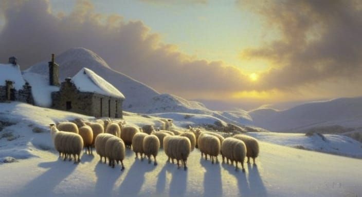 Sheep in Snowy Scottish Highlands Oil Painting