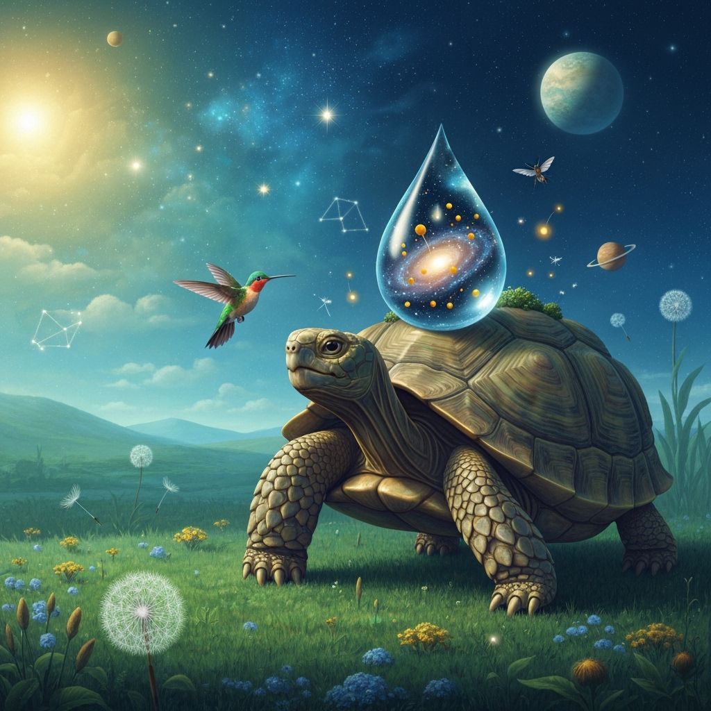 Wise Tortoise with Galaxy Shell in Surreal Landscape