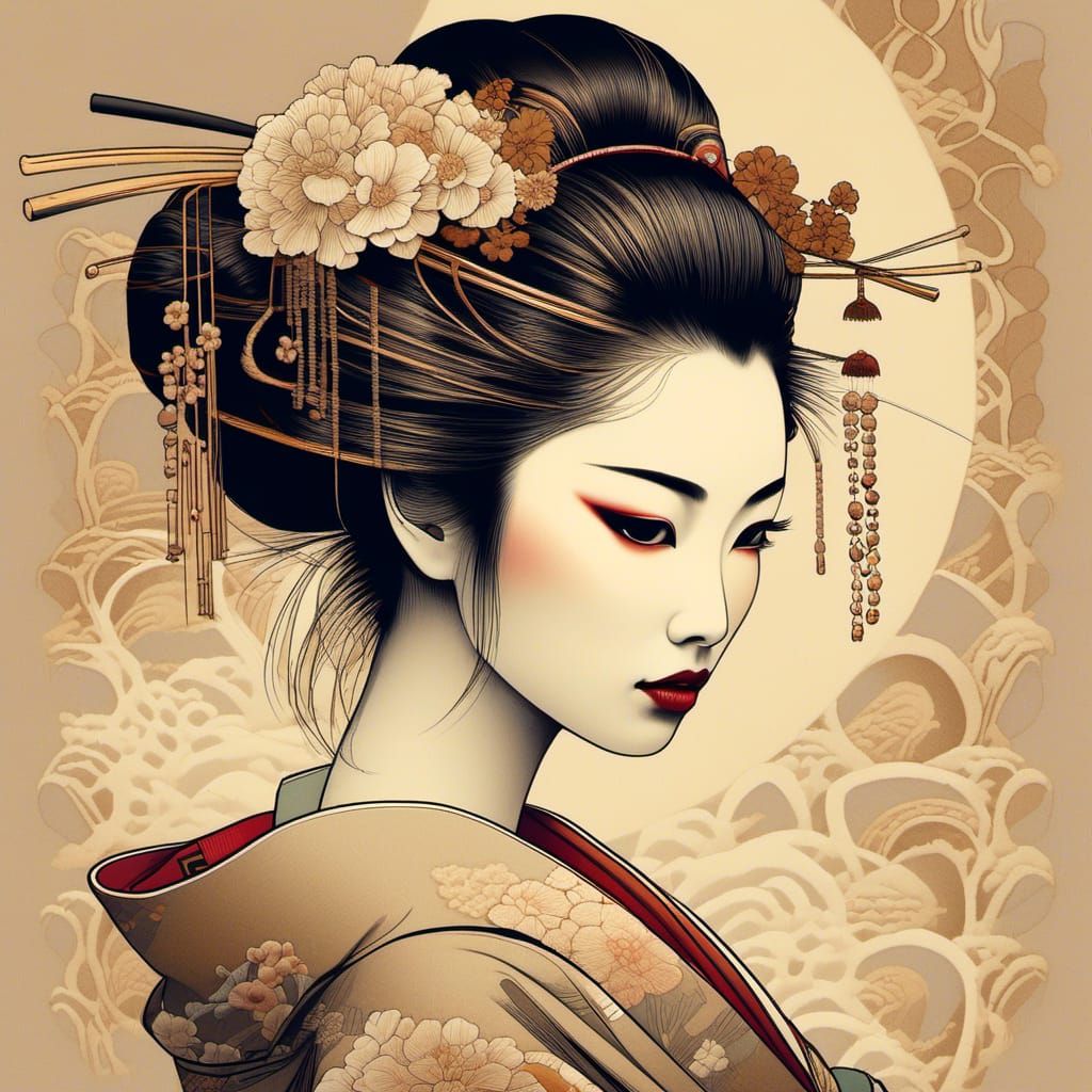 Art Nouveau Portrait of a Geisha with Messy Bun