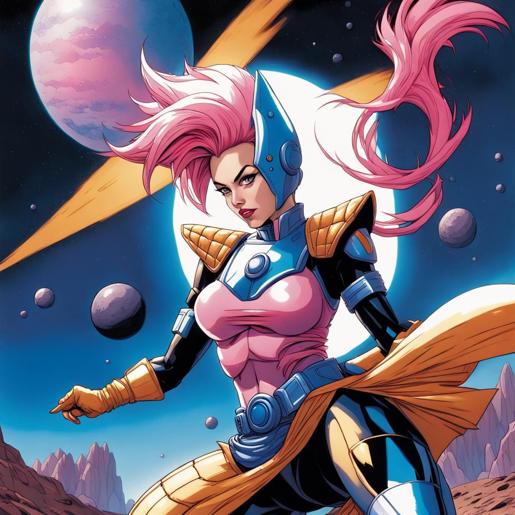 Super Saiyan Woman with Pink Hair in Desert