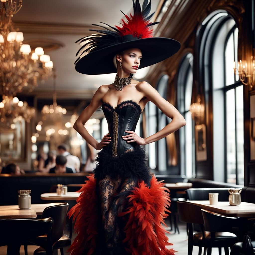 High Fashion Model in Paris Cafe, Photorealistic Style