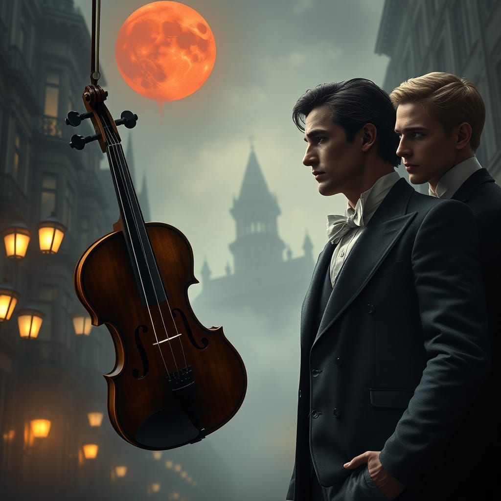 Victorian Gentlemen Gaze upon Floating Violinist in Foggy No...