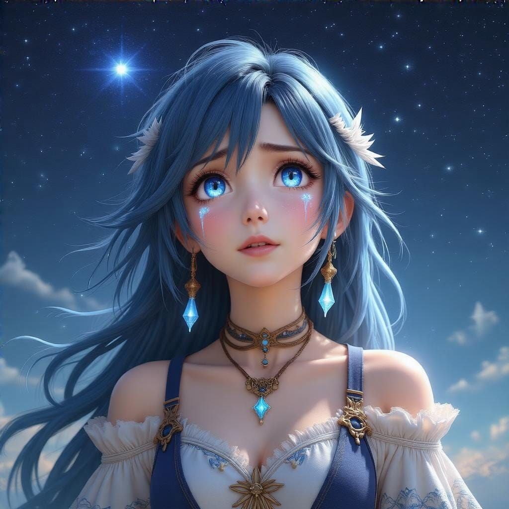 Yuna de final Fantasy les  yeux bleus levés vers le ciel étoilé scintillantes, BEAUX VETEMENTS STYLE FANTASY belle lumiè...