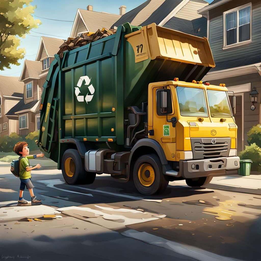 Boy Drives Recycling Truck on Sunny Street