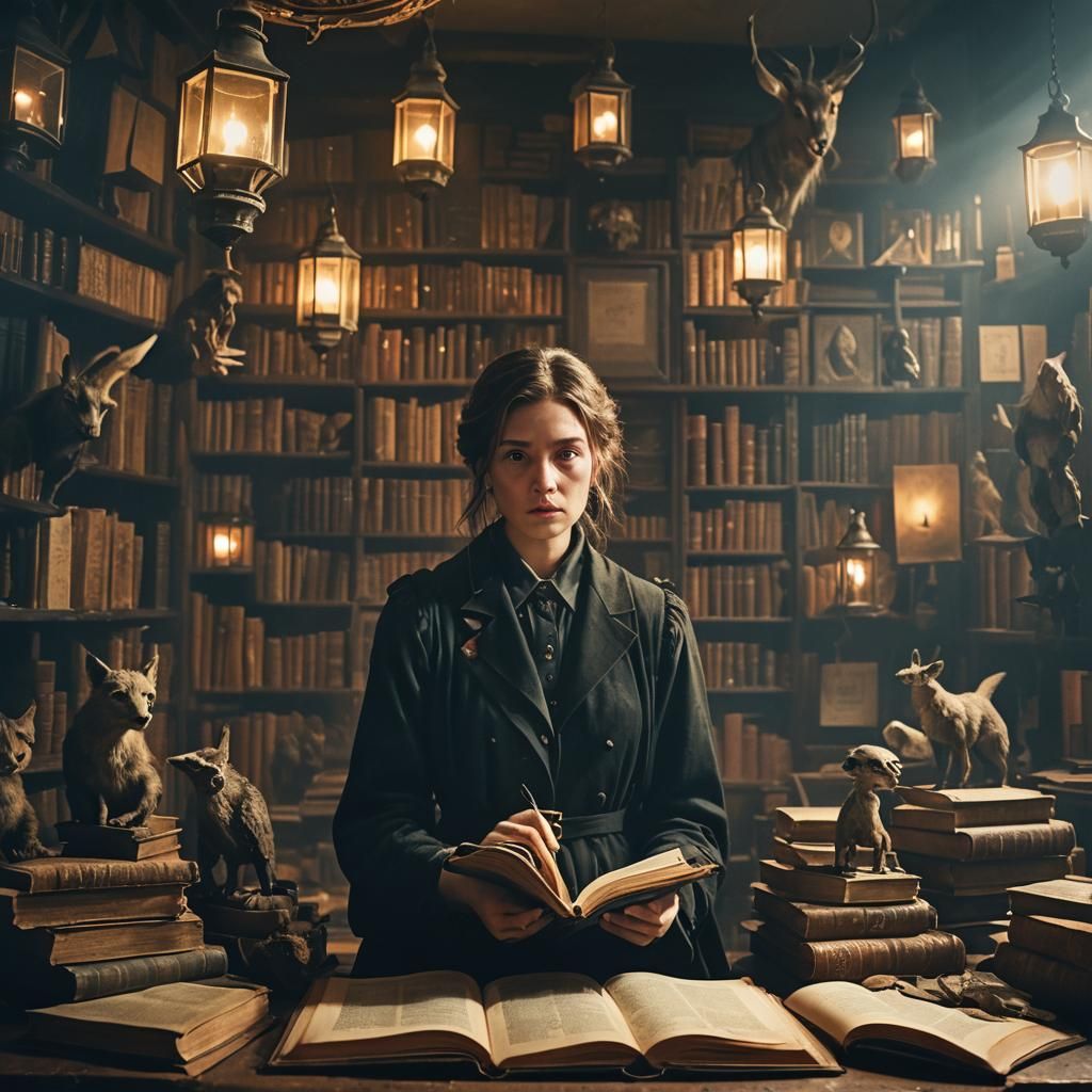 Uneasy Woman in Dark Academia Setting