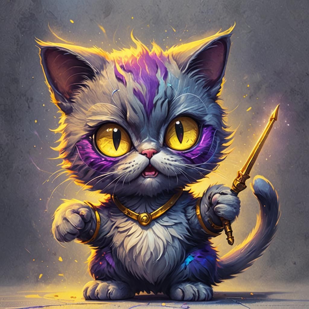 Angry Sorcerer Cat with Wand in 3D Style