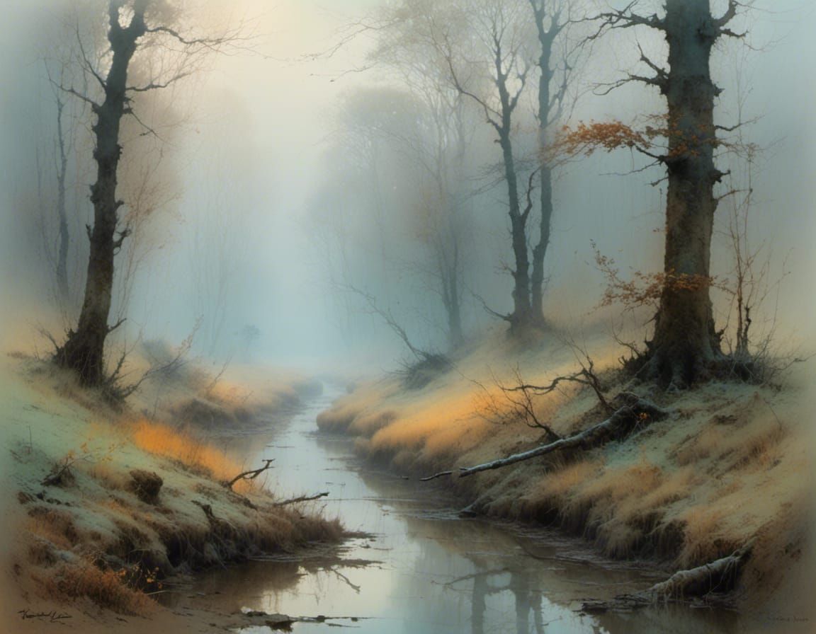 Frosty Watercolor Landscape with Intricate Details