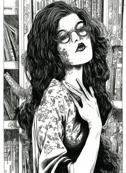 Gothic Vampire Librarian in Hyperrealistic Comic Art