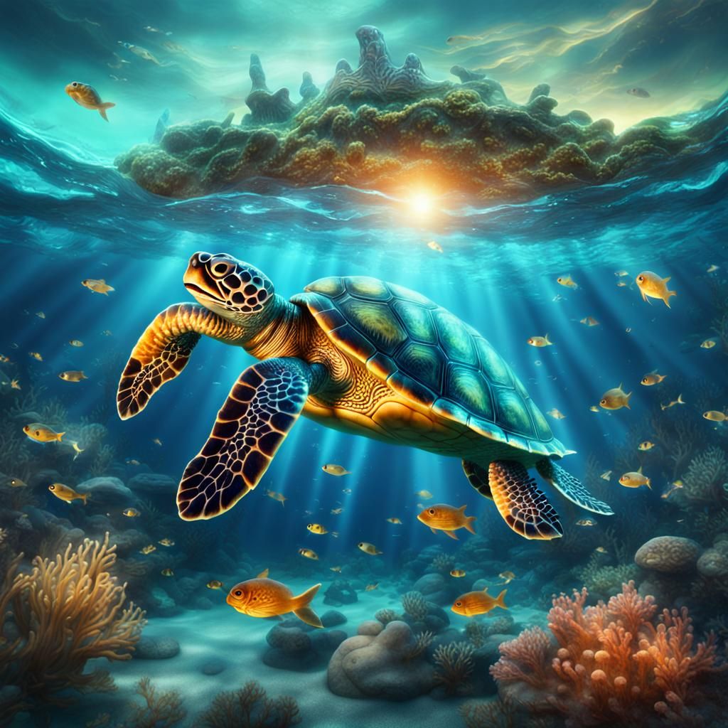 Glowing Glass Turtle in Underwater Fantasy