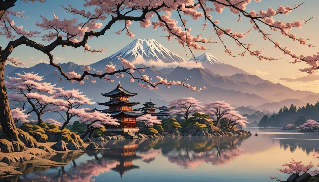 Ancient Sakura Tree by Lake: Ukiyo-e Digital Painting