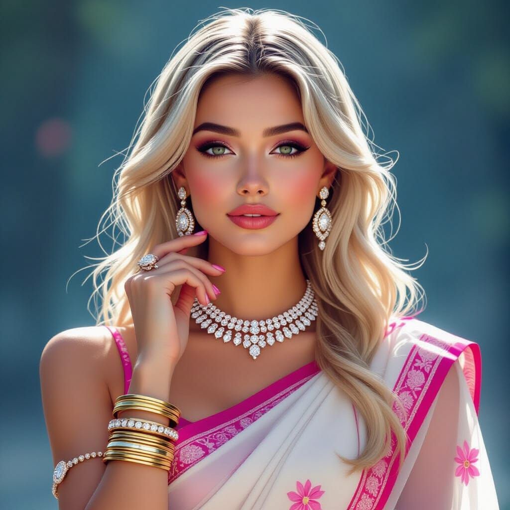 Blonde in Diamond Jewelry and Saree, in Cyberpunk Style