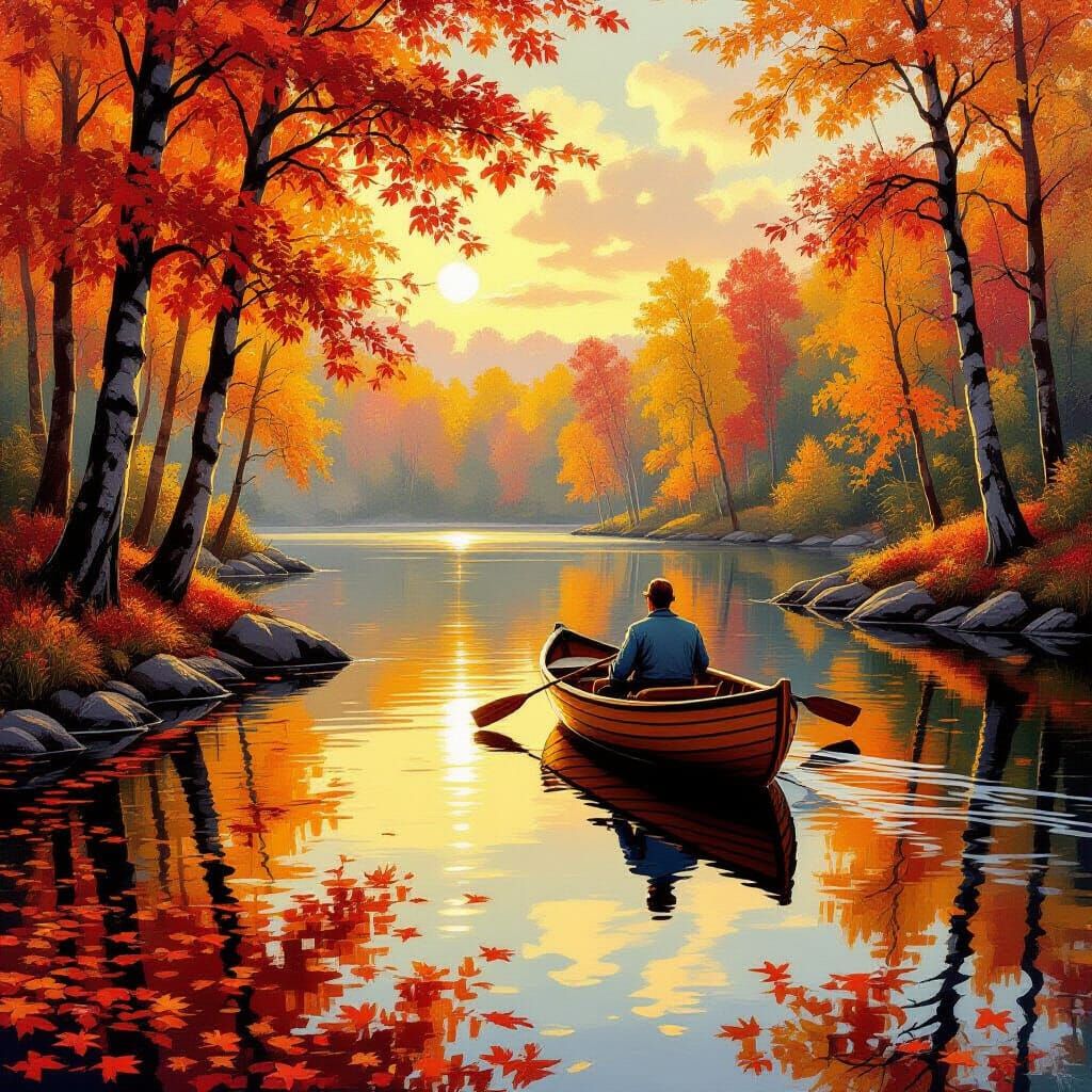 Golden Autumn Lake Scene with Rowboat in Painterly Style