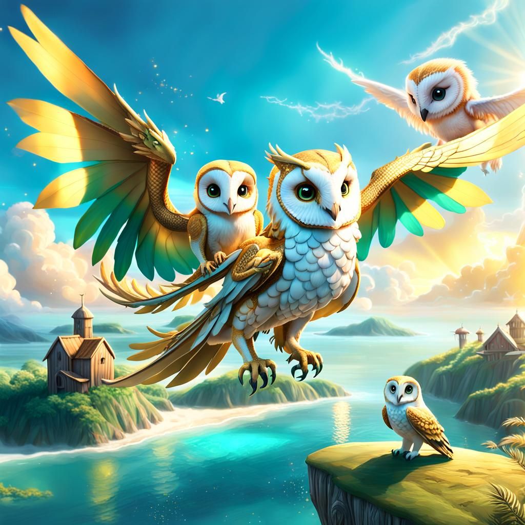 Golden Dragon-Owl Creature in Dreamlike Landscape