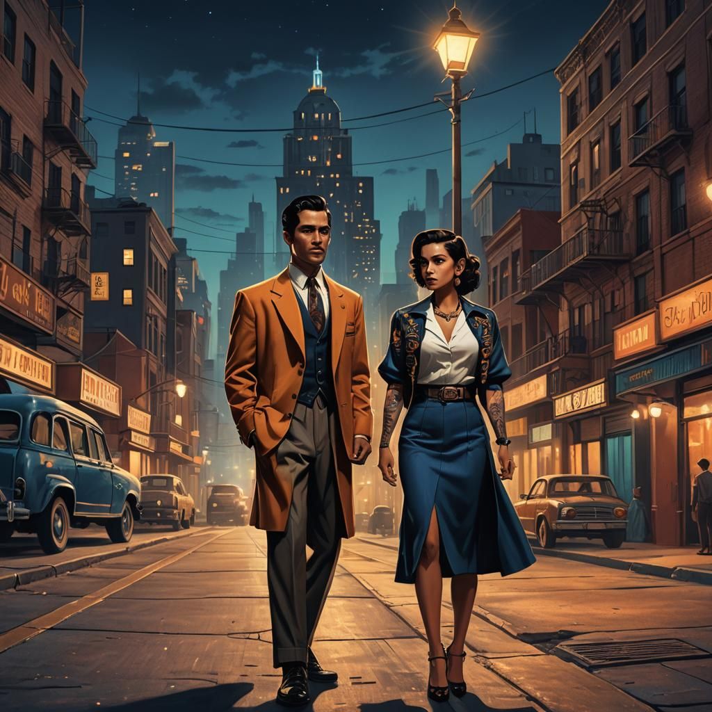 Film Noir Couple in Dystopian Cityscape