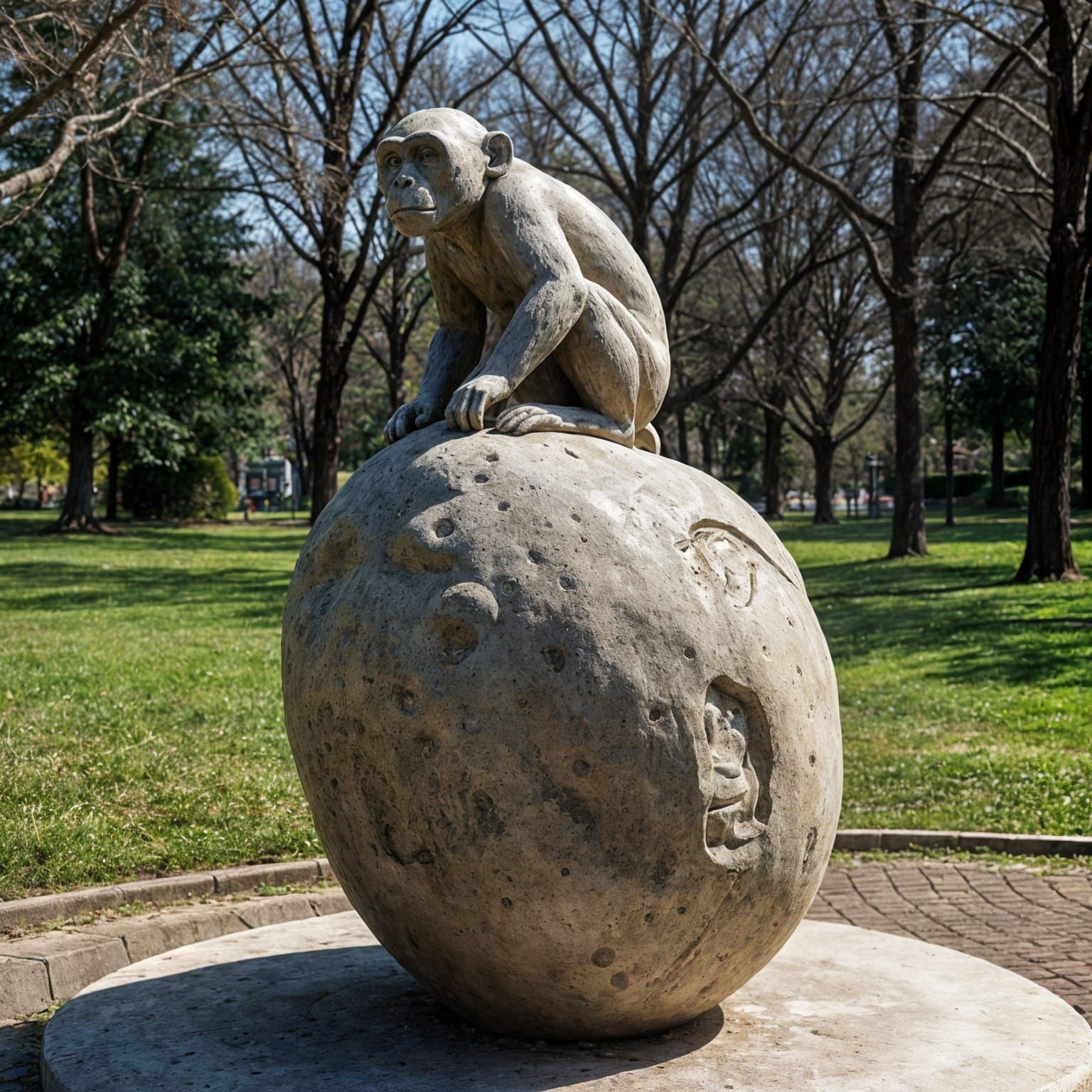 Concrete Monkey Statue on Giant Potato in Park