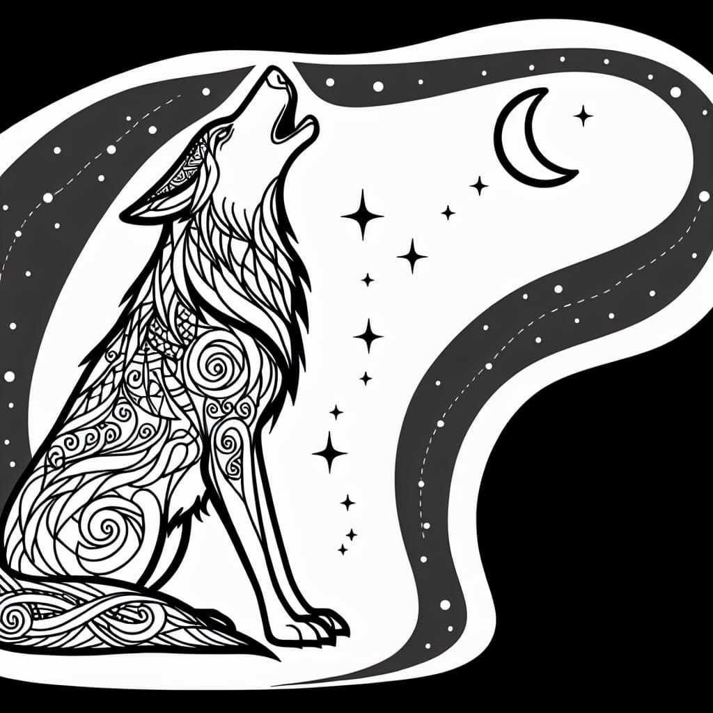Tribal Line Art: Female Wolf Howling at Moon