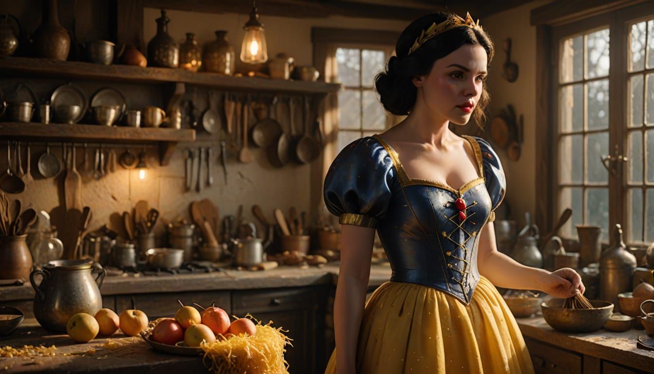 Snow White in Glass Dress with 7 Dwarves in Rustic Kitchen