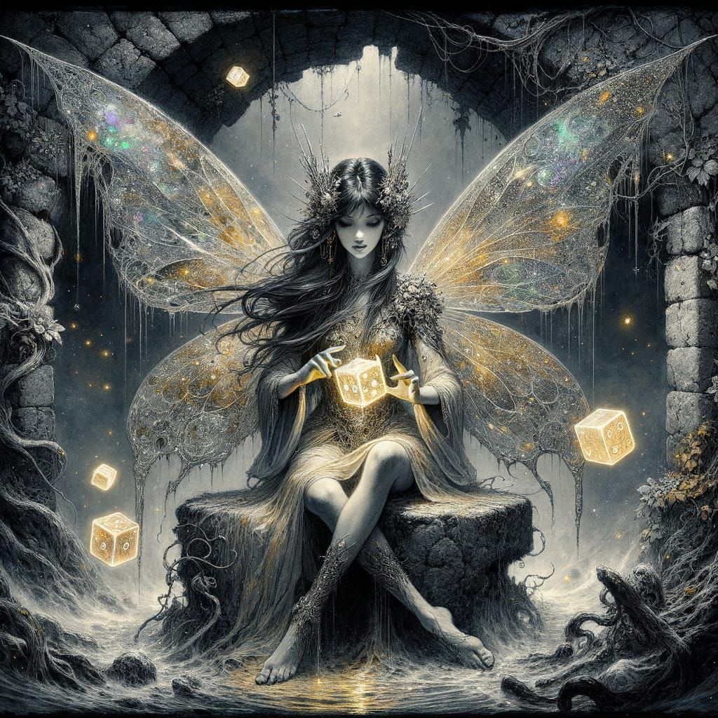 Faerie Gamer Holding Glowing Dice Under Moonlight