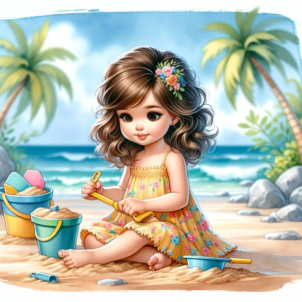 Brunette Girl Enjoys Summer Beach Day in Watercolor