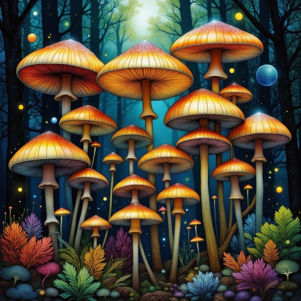 Mushrooms in Moonlit Forest, in a Photorealistic Style